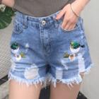 Bird Embroidered Distressed Denim Shorts