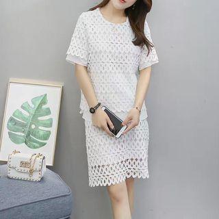 Set: Lace Short Sleeve Top + A-line Skirt