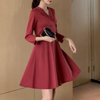 Double-breasted 3/4-sleeve A-line Dress
