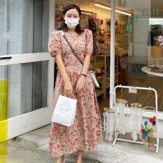 Puff-sleeve Floral Loose Fit Dress Floral - One Size