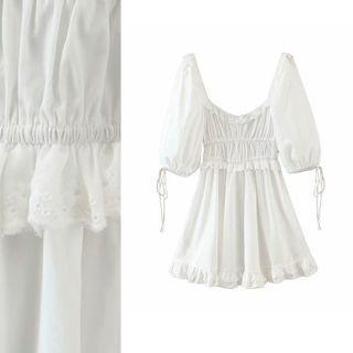 Lace-trim Elbow-sleeve Mini Dress