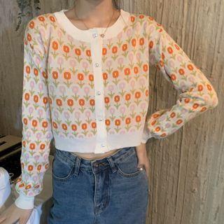 Long-sleeve Buttoned Floral Knit Top White - One Size