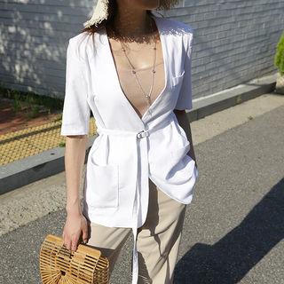 Open-front Linen Blend Blazer With Belt