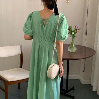 Puff-sleeve Drawstring Loose Fit Dress