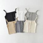 Ribbed-knit Button-up Plain Crop Camisole Top