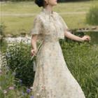 Set: Sleeveless Floral Print Midi A-line Dress + Shawl