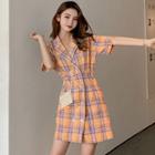 Short-sleeve Double Breasted Plaid Mini Dress