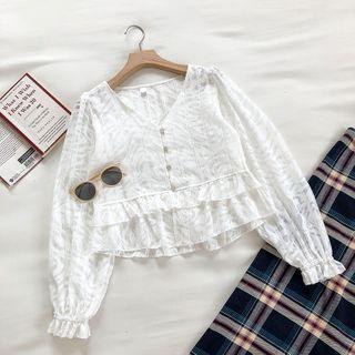 Printed V-neck Long-sleeve Ruffle-trim Blouse