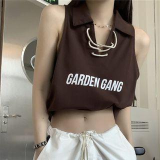 Collar Letter Print Tank Top Coffee - One Size