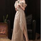 Off Shoulder Sequin Mesh A-line Gown