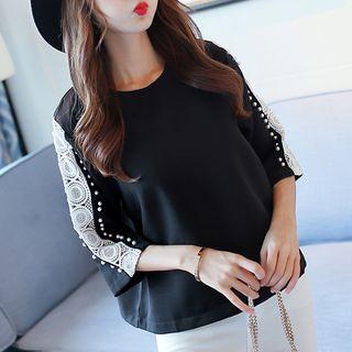 Beaded Lace Panel 3/4 Sleeve Chiffon Top