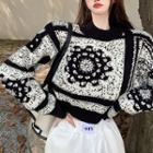 Cropped Pattern Sweater Black Pattern - White - One Size