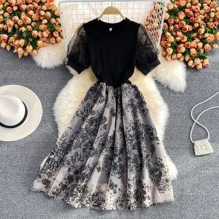 Short Sleeve Embroidered Mesh Maxi Dress