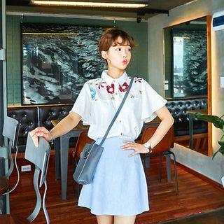 Embroidered-yoke Ruffle-sleeve Shirt