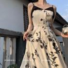 Spaghetti Strap Floral Print Midi A-line Dress / Floral Print Shirt / Bandeau / Set
