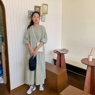 Balloon-sleeve Buttoned Maxi Dress