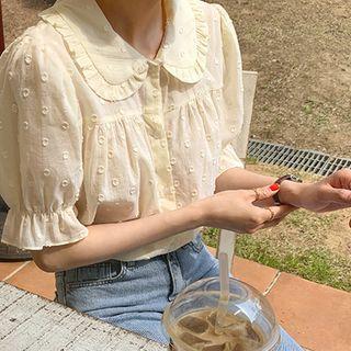 Frill-trim Collared Textured Blouse