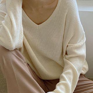 V-neck Colored Boxy Knit Top