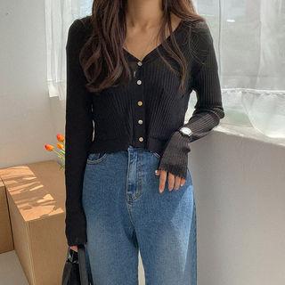 Dual-pocket Sheer Rib-knit Cardigan