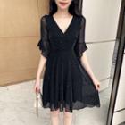 Elbow-sleeve Glitter Midi A-line Mesh Dress