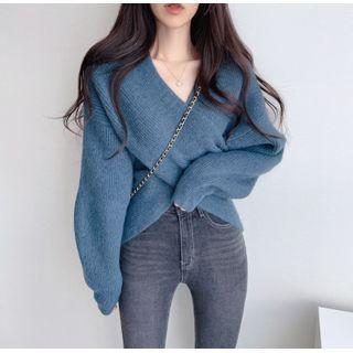 Long Sleeve V Neck Plain Cross Strap Sweater