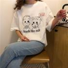 Cartoon Printed Short-sleeve T-shirt White - One Size