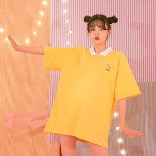 Contrast-collar Dog Embroidered Top