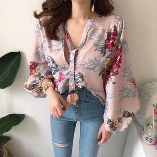 Flower Print Lantern-sleeve Blouse As Shown In Figure - One Size