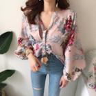 Flower Print Lantern-sleeve Blouse As Shown In Figure - One Size