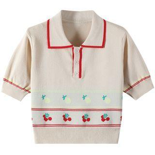 Short-sleeve Cherry Jacquard Polo Knit Top Almond - One Size