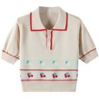 Short-sleeve Cherry Jacquard Polo Knit Top Almond - One Size