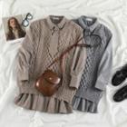 Long-sleeve Tie-neck Mini Shirtdress / Cable Knit Sweater Vest
