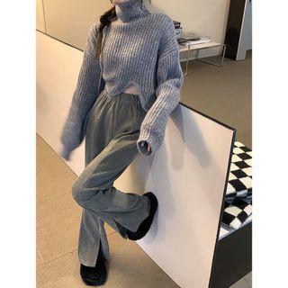 Turtleneck Asymmetrical Cropped Sweater / Slit-hem Bootcut Pants