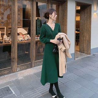 Long-sleeve V-neck Knit Midi A-line Dress / Knit Top