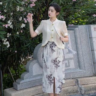 Asymmetrical Frog-button Blouse / Tunic Top / Print Midi A-line Skirt / Set