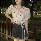 Puff-sleeve Mesh Cropped Blouse Red Floral - Beige - One Size