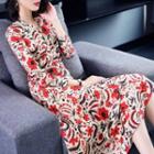Long-sleeve Floral Pattern A-line Midi Dress