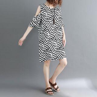 Cutout Shoulder Striped Elbow-sleeve Dress