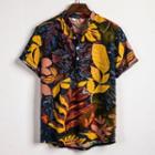 Short-sleeve Leaf Print Stand Collar Shirt