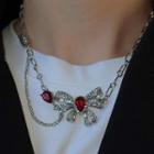 Bow Rhinestone Pendant Alloy Necklace Silver & Red - One Size