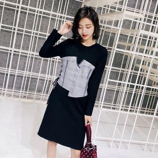 Mock Two-piece Long-sleeve Plaid Panel T-shirt Dress