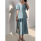 Short-sleeve Cutout Drawstring Square-neck Top