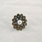 Christmas Flower Rhinestone Faux Pearl Alloy Ring Gold & Black - Size 6