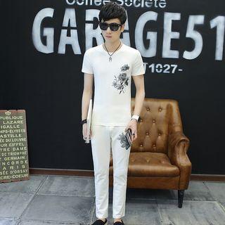 Set: Floral Print Short Sleeve T-shirt + Pants