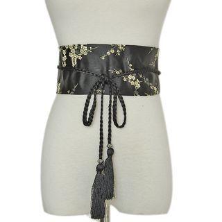 Floral Embroidered Lace-up Satin Wide Belt