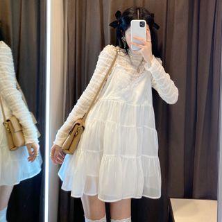 Long-sleeve Mock-neck Top / Spaghetti Strap Lace Trim Tiered Mini A-line Dress