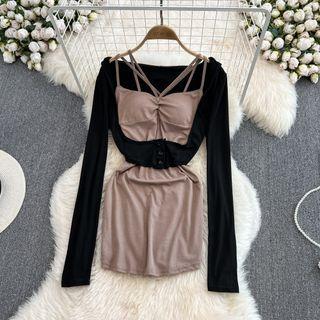 Set: Plain Ruched Slipdress + U-neck Cardigan