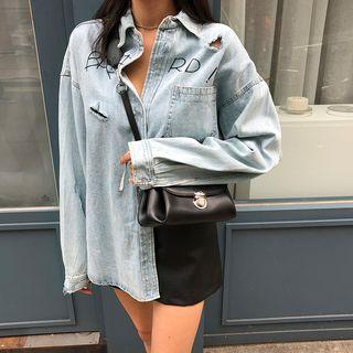 Lettering Distressed Denim Shirt Light Blue - One Size