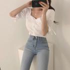 Short-sleeve Drawstring Plain Blouse