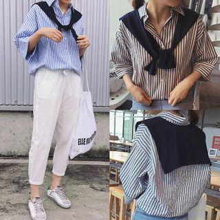 3/4-sleeve Striped Shirt Stripes - Gray & White - One Size